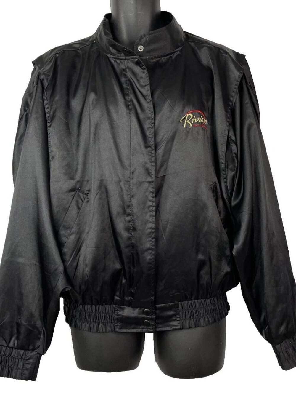 Vintage 80s Riviera Hotel Casino Satin Bomber Jacket Size XL Black Embroidered